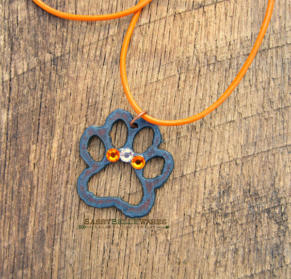 Paw and Crystals Orange Leather Necklace