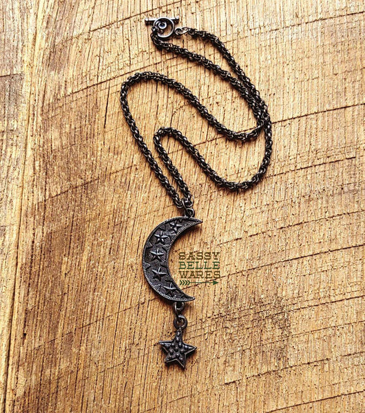 Crescent Moon and Star Choker Necklace in Rustic Black