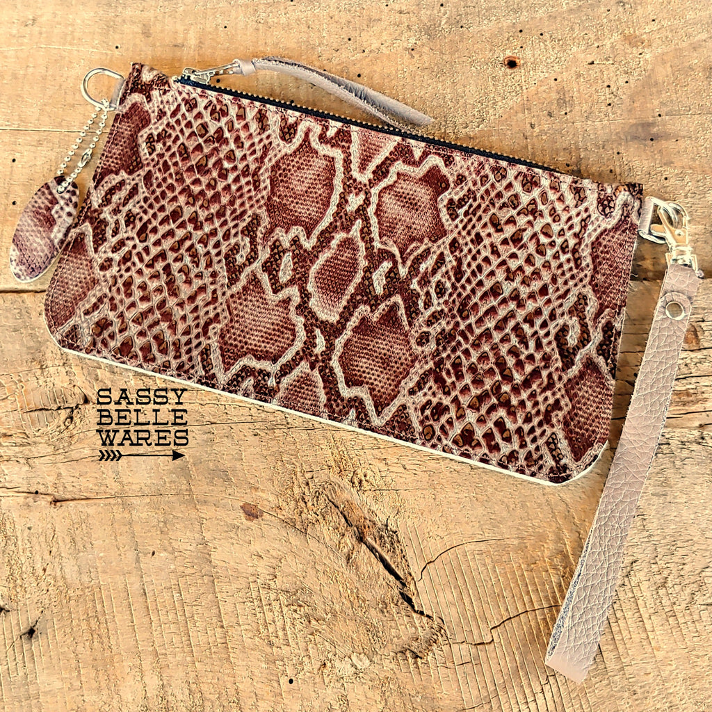 Leather Wristlet - Ivory Chocolate Silver Snakeskin Pattern