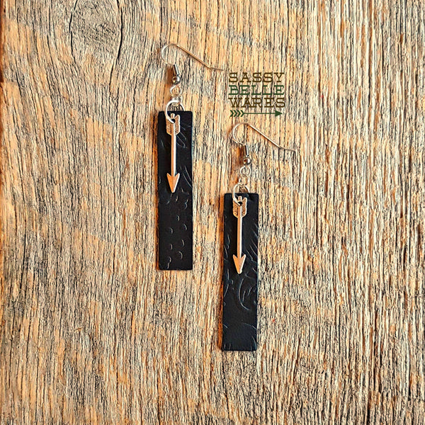 Leather Rectangle Earrings Black with Silver Arrow