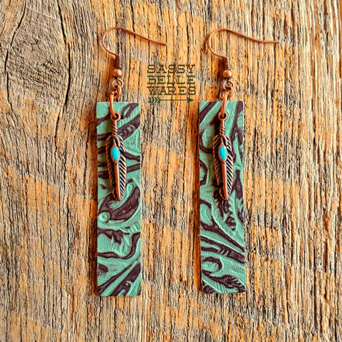 Leather Rectangle Earrings Turquoise and Brown with Copper and Turquoise Feather