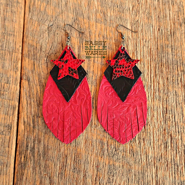 Leather Layered Earrings - Red Fringed Teardrop with Black Diamond and Red & Black Star