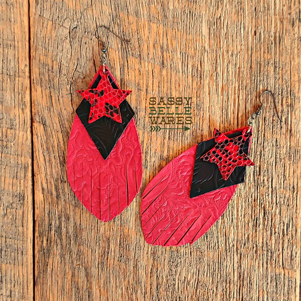 Leather Layered Earrings - Red Fringed Teardrop with Black Diamond and Red & Black Star