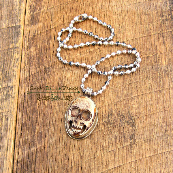 Mens Tibetan Silver and Ox Bone Skull Necklace