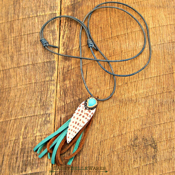 Feather and Tassel Leather Necklace