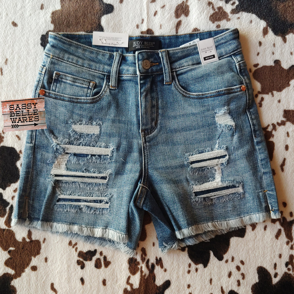 Judy Blue Denim Patch Side Slit Cutoff Shorts – SassyBelleWares