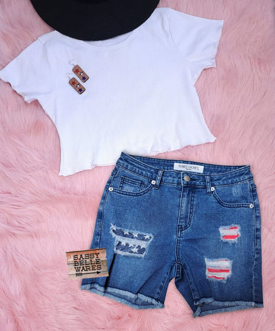 Rubies + Honey USA Flag Patch Cut Off Denim Shorts