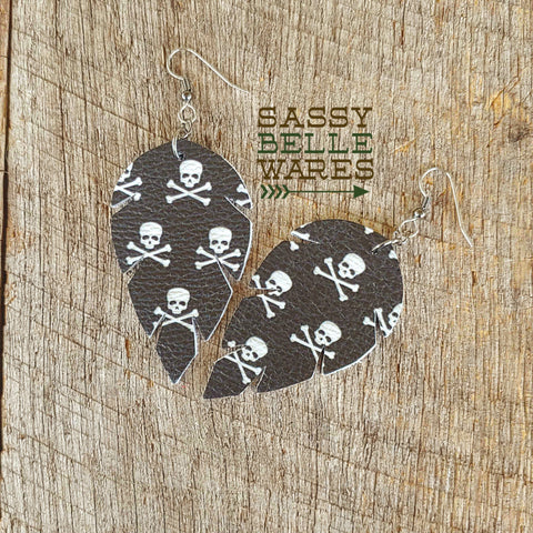 Leather Leaf Earrings Skulls and Crossbones Black and White