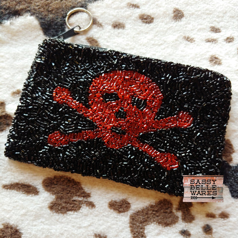 Skull and Crossbones Beaded Mini Clutch Coin Purse - Black and Red