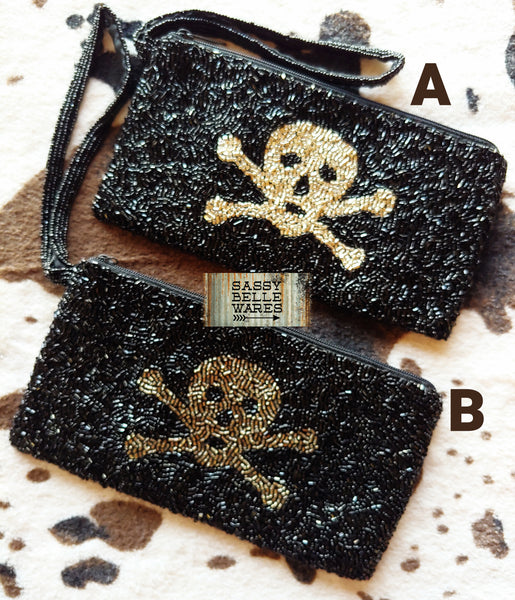 Skull and Crossbones Beaded Wristlet - Silver or Pewter