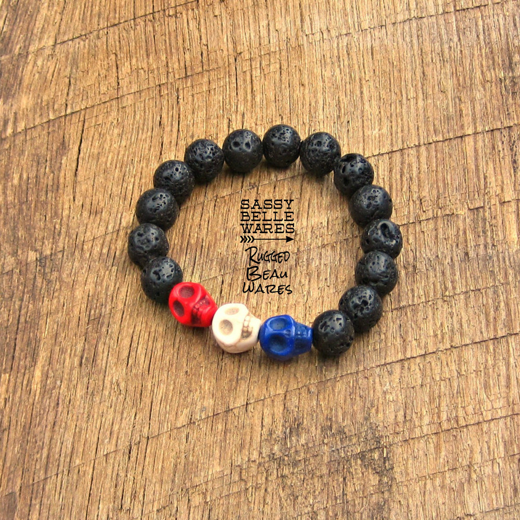 As Seen on Quinn Hill of Ashley McBryde & Deadhorse and Preston Brust of LOCASH Red White Blue Skulls Black Lava Bracelet