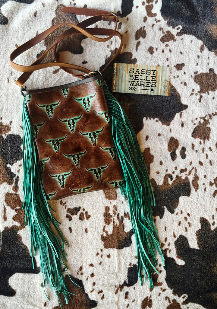 Leather Fringe Bag - Brown Steer Skulls Turquoise Fringe