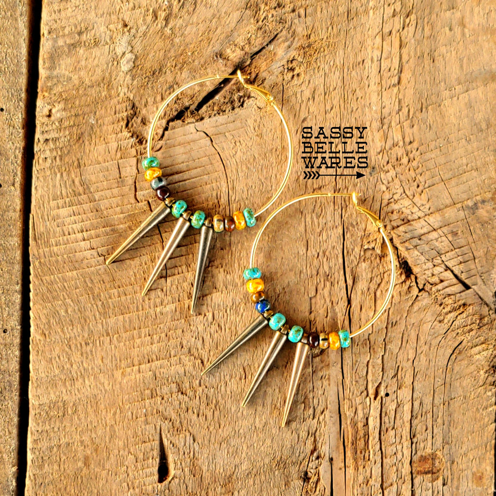 Hoops and Spikes with Turquoise Bead Mix Gold Earrings Antique Gold Spikes 2" Diameter