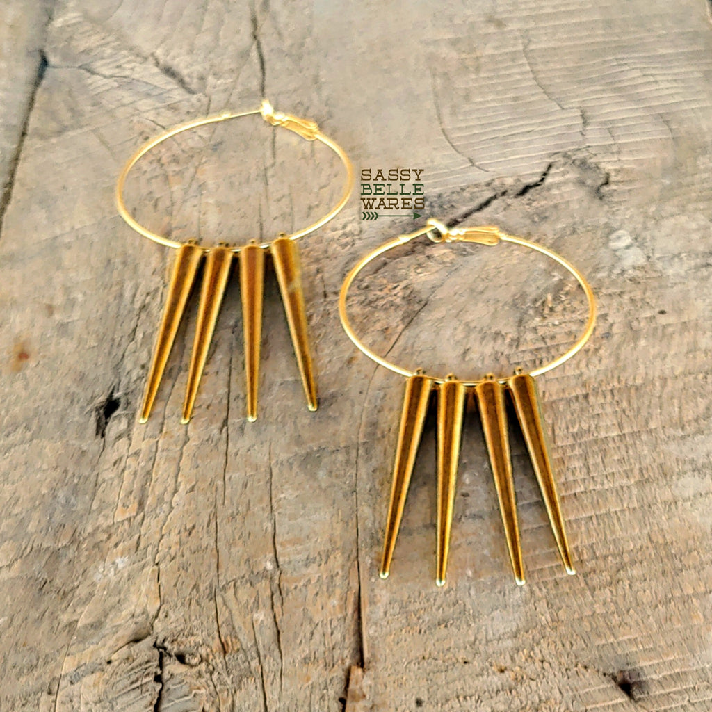 Hoops and Long Spikes Gold Earrings 2" Diameter
