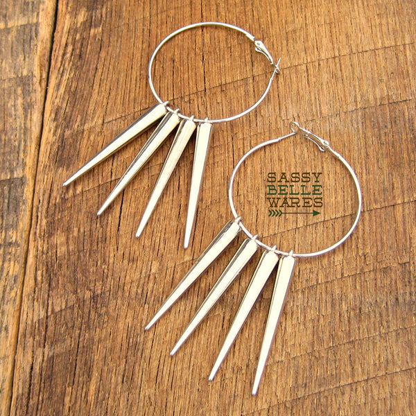 Hoops and Long Spikes Silver Earrings 2" Diameter