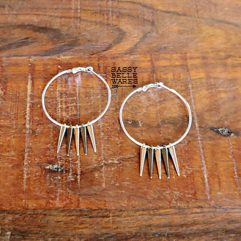Hoops and Small Spikes Earrings 2" Diameter Silver Gunmetal Mix