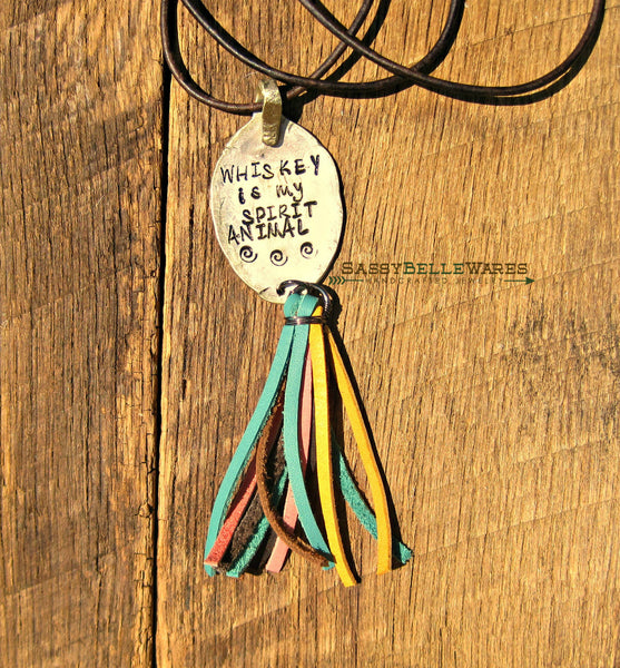Whiskey Is My Spirit Animal Leather Tassel Necklace