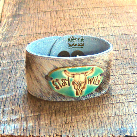 Stay Wild Steer Skull Leather Cowhide Cuff Bracelet