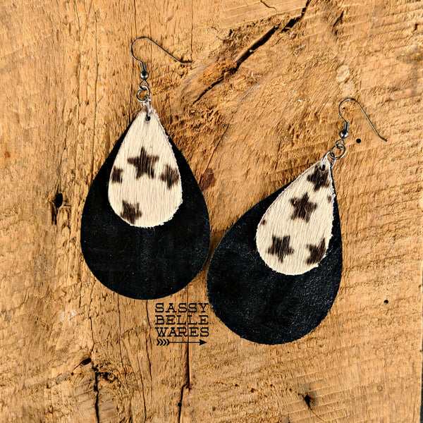 Leather Teardrop Earrings Black and White Stars