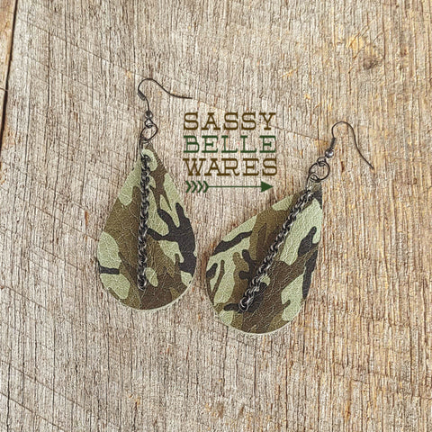 Leather Teardrop Earrings Light Camo with Chain