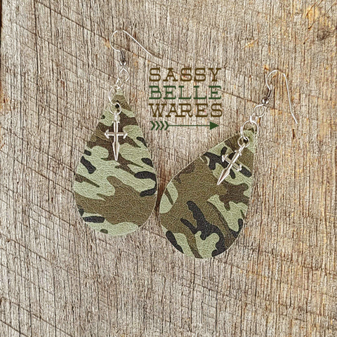 Leather Teardrop Earrings Light Camo with Crosses