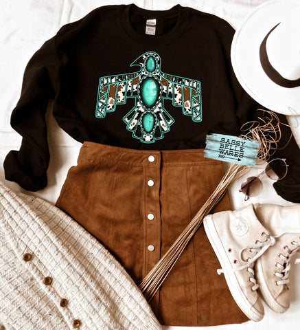 Turquoise and Cow Print Thunderbird Sweatshirt