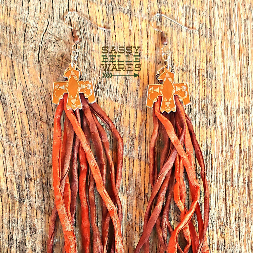 Thunderbird Silk Tassel Earrings - Brown and Rust