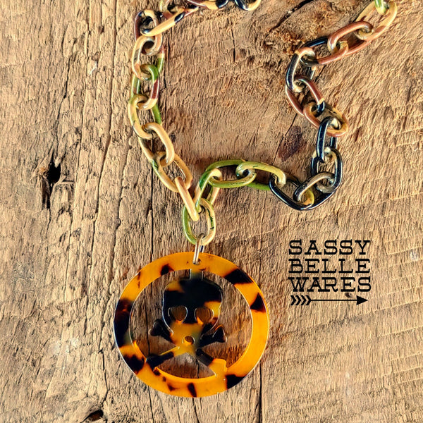 Camo and Tortoise Shell Skull and Crossbones Necklace