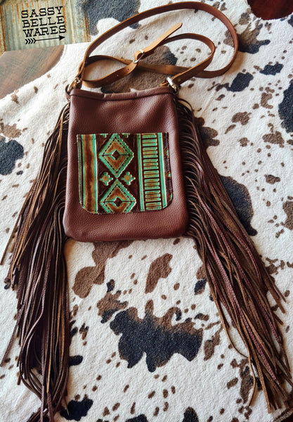 Leather Fringe Bag - Brown and Turquoise Southwestern Pattern