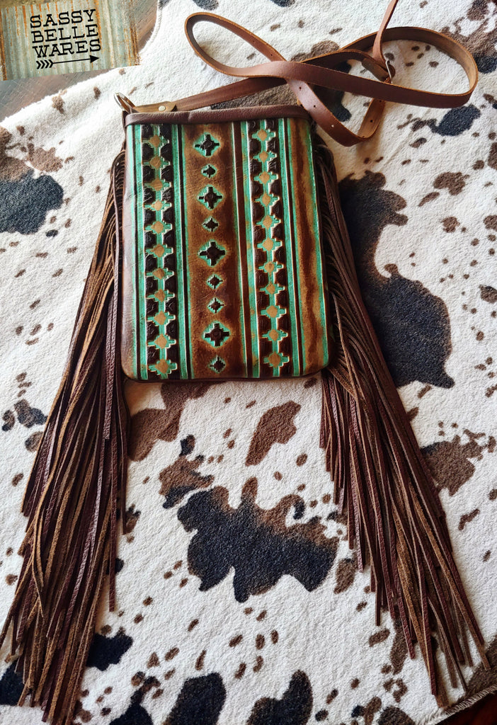 Leather Fringe Bag - Brown and Turquoise Southwestern Pattern