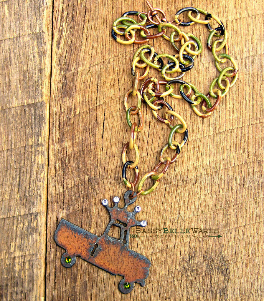 Rustic Crown Truck Camo and Crystals Necklace