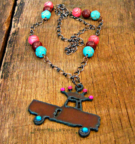Rustic Truck with Swarovski Crystal Crown and Wheels Necklace