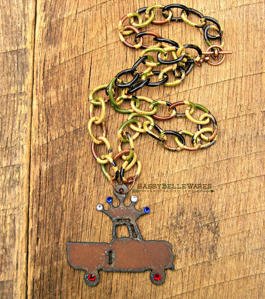 Rustic Crown Truck Camo and Red White and Blue Crystals Necklace