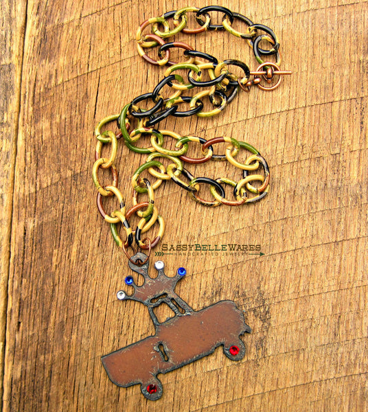 Rustic Crown Truck Camo and Red White and Blue Crystals Necklace