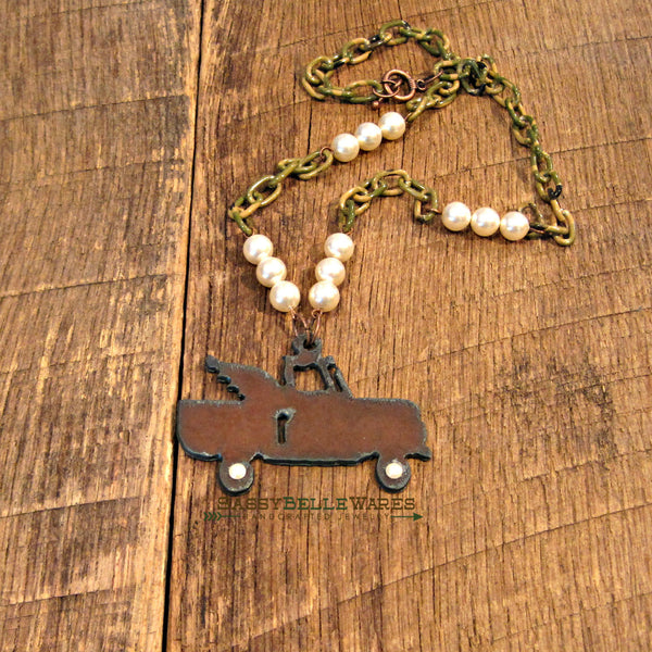 Rustic Winged Truck Camo and Pearls Necklace