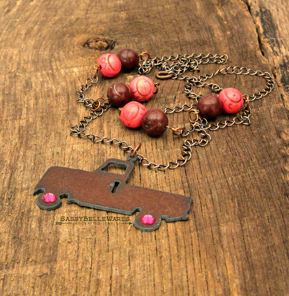 Rustic Truck with Swarovski Crystal Wheels Necklace