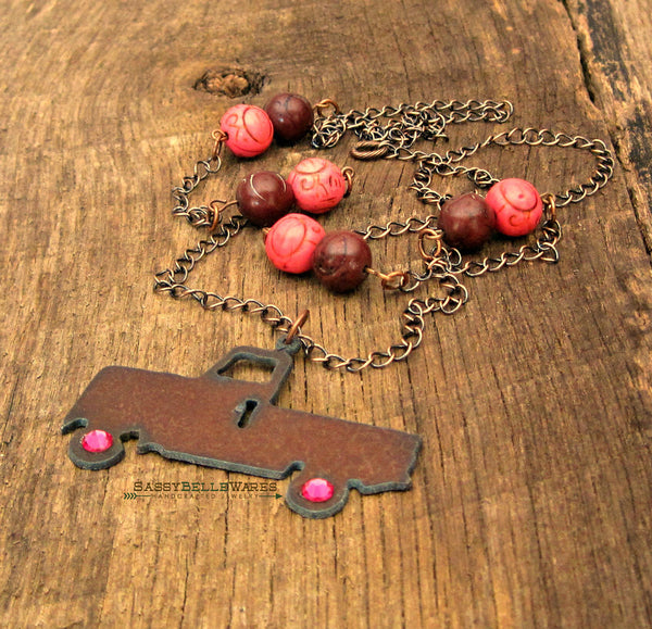 Rustic Truck with Swarovski Crystal Wheels Necklace