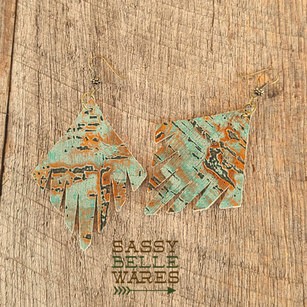 Leather Fringed Diamond Shaped Earrings Turquoise and Gold