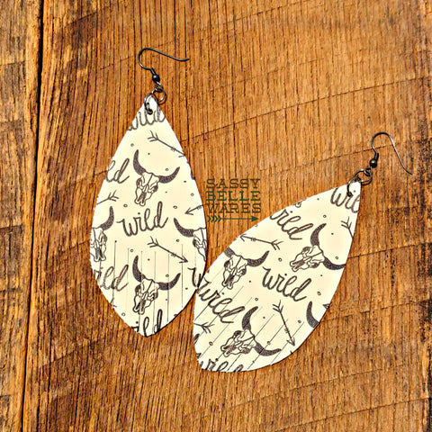 Leather Teardrop Fringe Earrings White and Black Wild Steer Skull