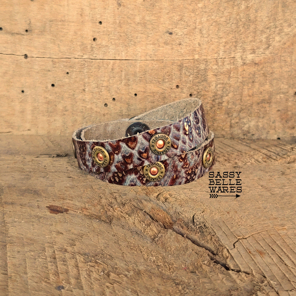 Double Wrap Leather Bracelet with Shotgun Rivets in Ivory Chocolate Silver Snakeskin Pattern
