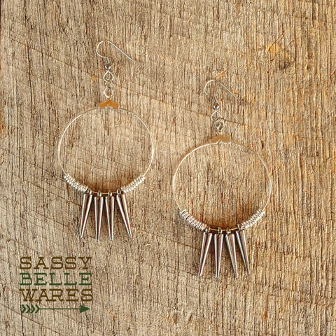 Hoops Spikes and Beads Earrings 1.75" Diameter Silver Hoops and Beads Gunmetal Spikes