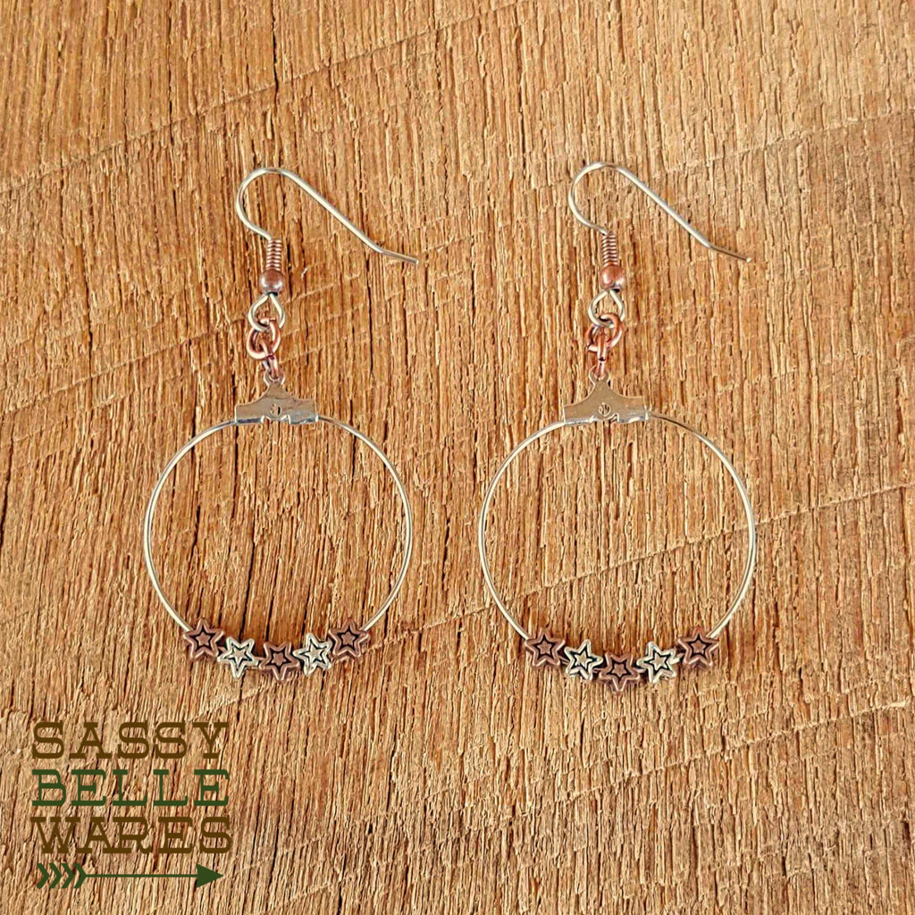 Star Earrings - Small Hoop 1.25" Diameter Silver and Copper Stars